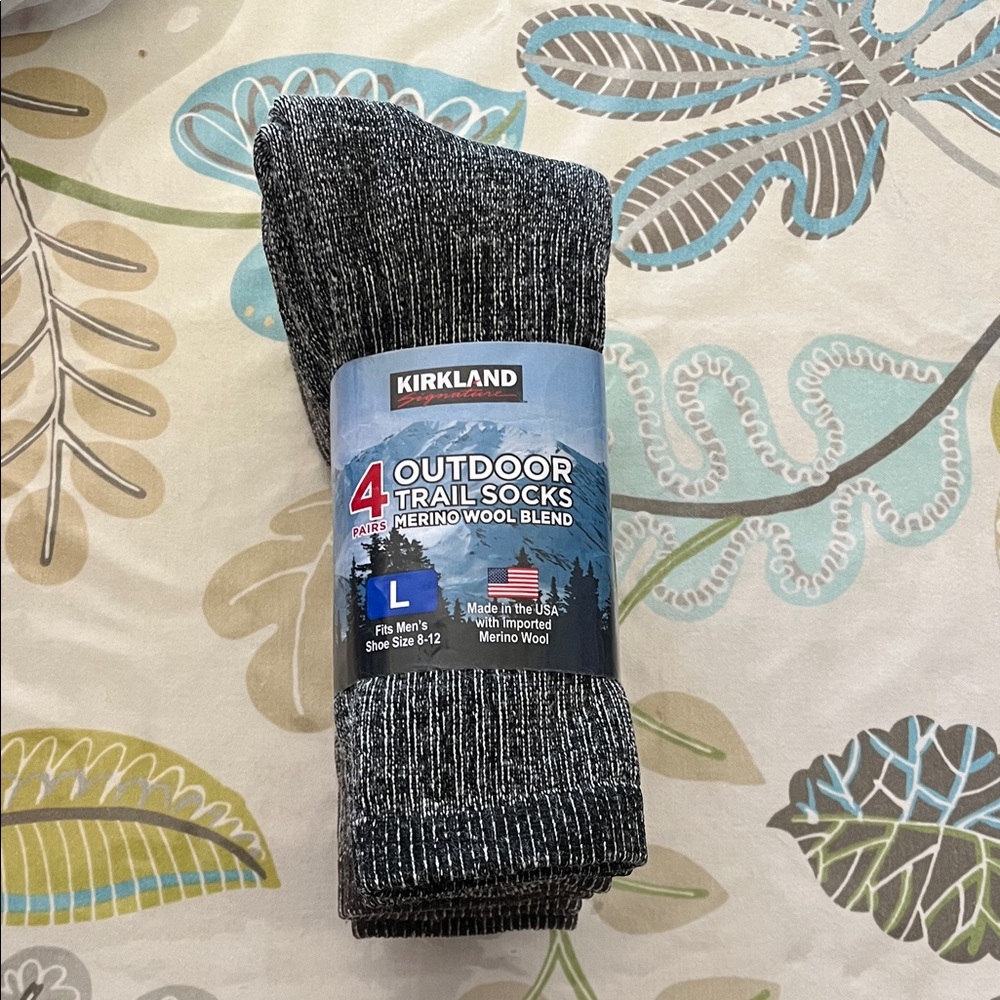 Kirkland Trail Socks, four pairs of Marino wool blend men’s size large
